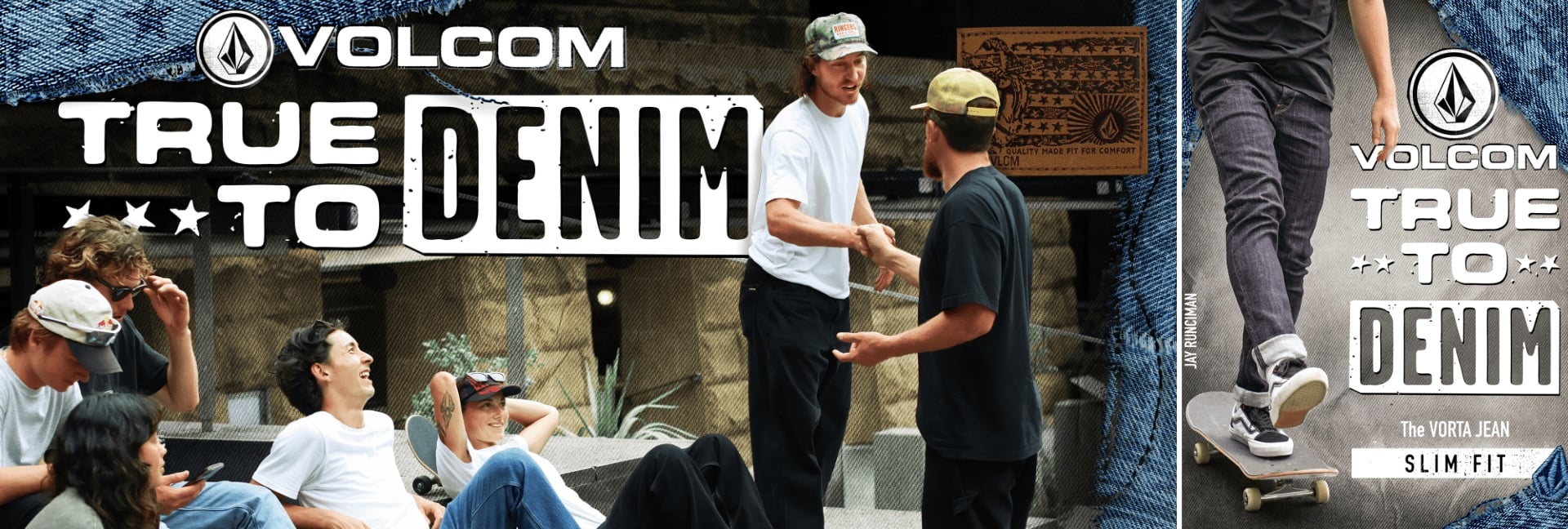 A six individuals sitting and standing on concrete steps, dressed in casual, skate-inspired wear, including denim jeans (blue and black) and basic white or black t-shirts.