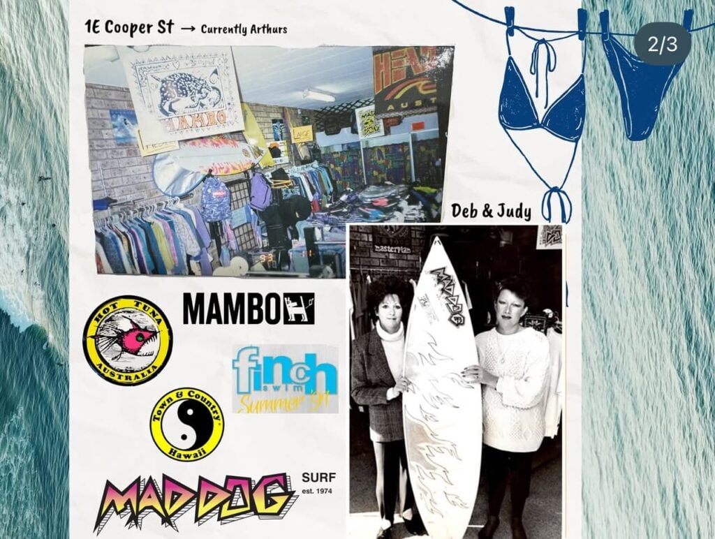 A nostalgic collage with a vintage surfwear and retail theme, likely a retrospective look at a store or brand.
