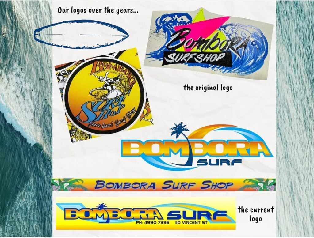 A montage titled "Our logos over the years..." that showcases the evolution of the branding for a surf shop named Bombora.