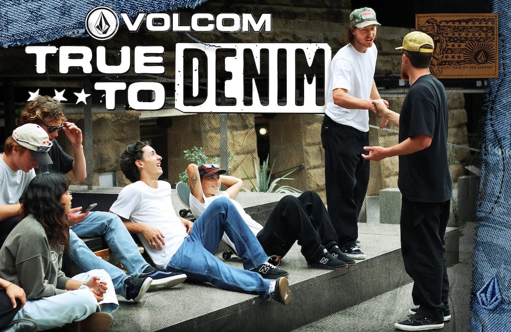 An advertisement for the brand Volcom, featuring a group of young people casually socializing outdoors, is shown.